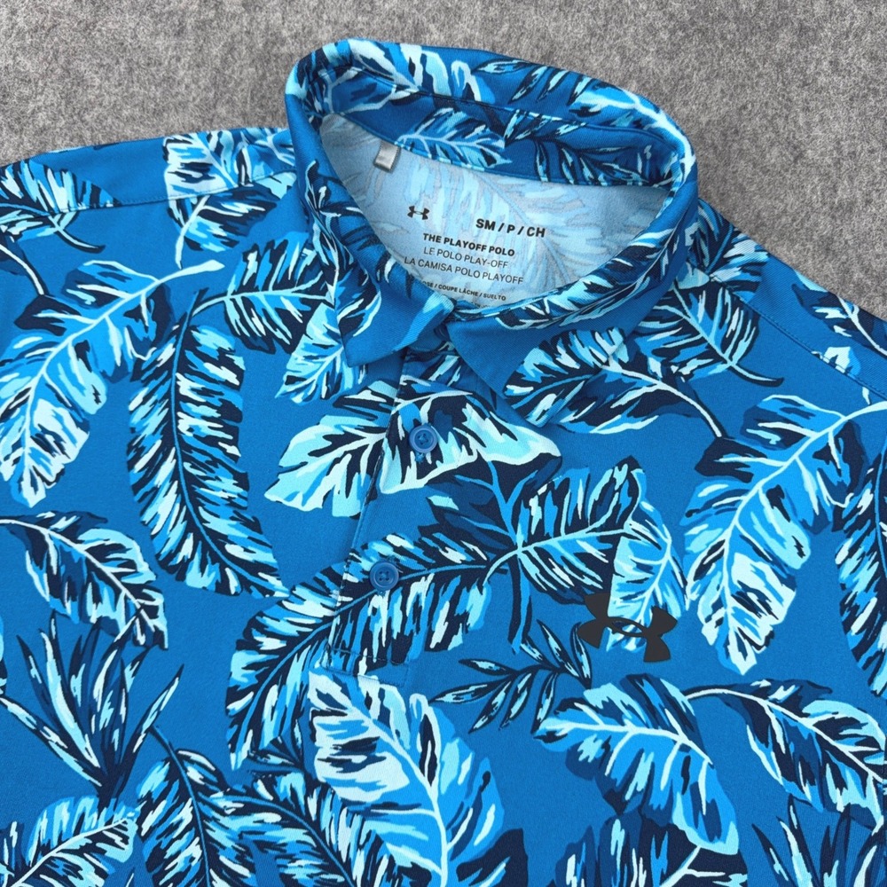 Under Armour Playoff Polo Mens Small Blue Tropical Leaf Performance Golf Loose